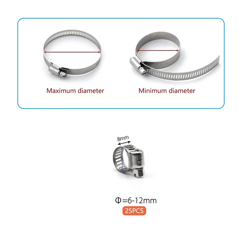 ZIPCCI Hose Clamp, 25 Pack Stainless Steel Worm Gear fuel line hose clamps, 6-12mm (1/4-1/2 inch) - Image 2